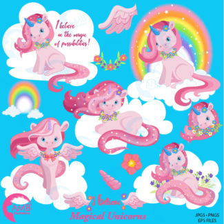 Unicorn Clipart, Rainbow Unicorn Clipart, Horse Clipart, Unicorn Baby Clip Art, Pink Unicorn, Girl Unicorn, Commercial Use  AMB-1380