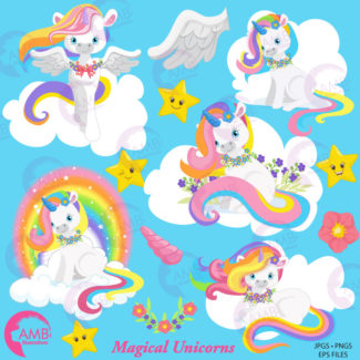 Unicorn clipart, Unicorn clip art, horse clipart, unicorn baby clip art, Blue unicorns, Commercial Use, AMB-1382