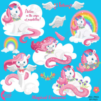 Unicorn clipart, white and Pink Unicorn clip art, horse clipart, unicorn baby clip art, girl unicorn, comm.use AMB-1381