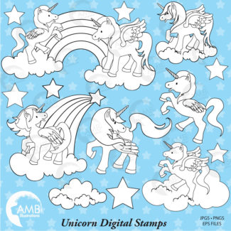 Unicorn Digital Stamps, Rainbows, Clouds, Stars Digital Stamps, Unicorn Clipart, coloring page, black and white line, AMB-945