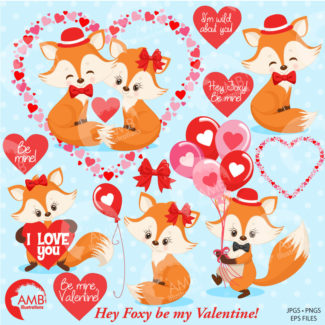 Valentine Clipart, Fox Clipart, Valentine Foxes, Heart Clipart, Valentine graphics, Cute foxes, Commercial Use, AMB-1582