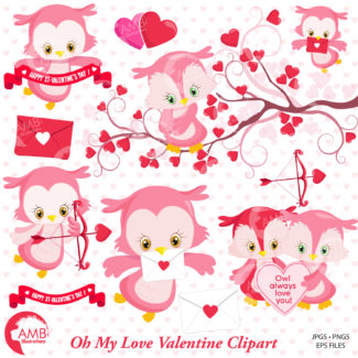 Valentine Clipart, Owl Clipart, Valentine Owls, Heart Clipart, Valentines Baby Owls, Commercial Use, AMB-1179