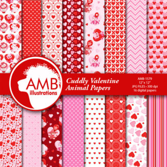 Valentine Digital Papers, Animal Valentine digital papers, Red and white Digital papers, hearts and balloon papers, AMB-1579