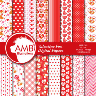 Valentine Foxes Digital Patterns Foxes Valentine digital papers, Fox Digital papers, Couple of Foxes, commercial use, AMB-1583