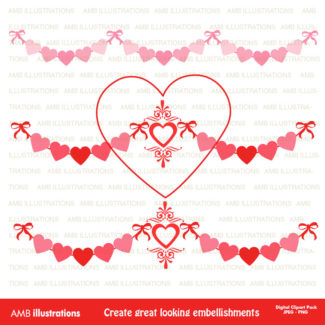 Valentine Heart bunting, Valentines Day banners, Heart bunting, Valentine clipart, commercial use, instant download, AMB-1150