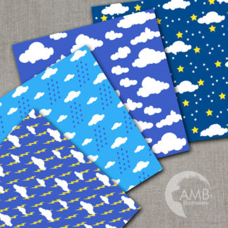 Weather Digital Papers, Clouds and Rain papers, Lightening papers, scrapbook, Commercial Use, AMB-342