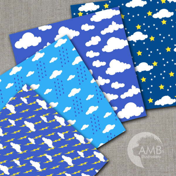 Weather Digital Papers, Clouds and Rain papers, Lightening papers, scrapbook, Commercial Use, AMB-342