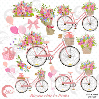 Wedding Bicycle clipart, Bicycle clipart, Bicycle and Flowers, Vintage Bicycle Clip Art, Pink Bicycle clipart, AMB-1323