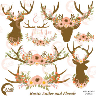 Wedding clip art, Floral Antlers, Antler and Floral Wreath, Floral Deer clipart, Antler clipart, Rustic Wedding clipart, AMB-1480