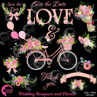 Wedding clipart, Bicycle clipart, Bicycle and Flowers clipart, Vintage Bicycle, Save the Date, Wedding Bouquet clipart, AMB-1325