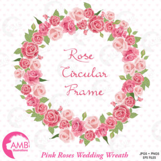 Wedding clipart, Bridal Shower clipart, Floral wreath clipart, Floral clipart, Pink roses clipart, floral frame, AMB-955