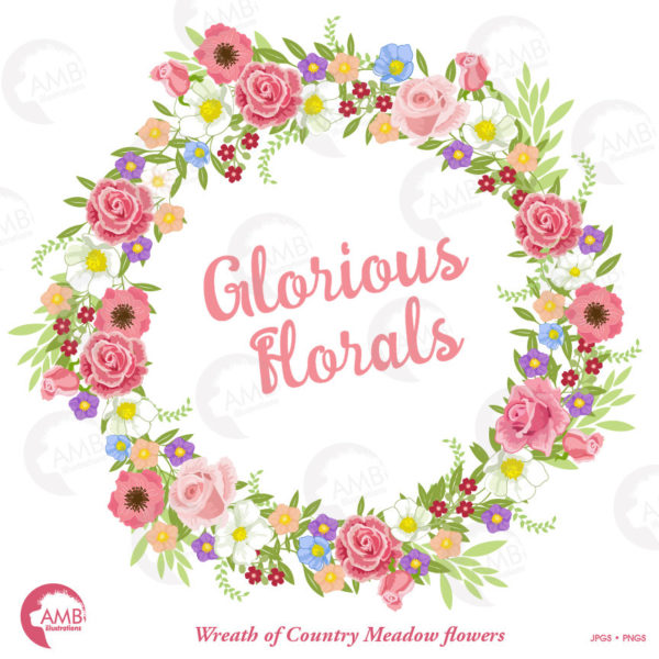 Wedding clipart, Bridal Shower clipart, Floral wreath, Floral clipart, flower wreath, floral frame, commercial use, AMB-1324
