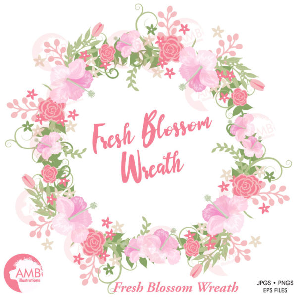 Wedding clipart, Bridal Shower clipart, Floral wreath, Pink Roses and Hibuscus clipart, Flower frame, commercial use, AMB-1046