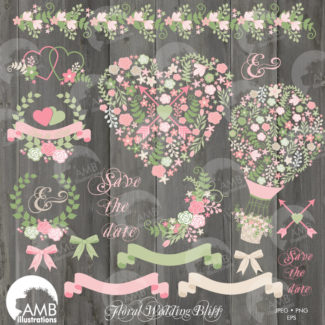 Wedding clipart, Bridal Shower clipart, Wedding embellishments, Save the date, Floral Heart clipart, Hot Air Balloon, AMB-1371