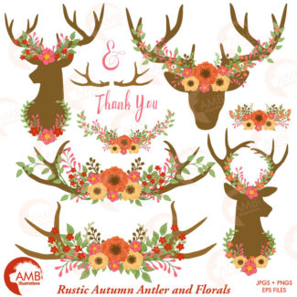 Wedding Clipart, Floral Antlers, Antler and Floral Embellishments, Floral Deer Antler Clipart, Rustic Wedding clipart, AMB-1486
