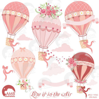 Wedding clipart, Hot Air Balloon Clipart, Bridal Shower clipart,  Floral clipart, Save the date, commercial use, AMB-1231