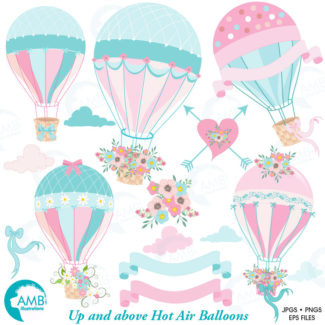 Wedding clipart, Hot Air Balloon Clipart, Bridal Shower clipart, Floral clipart, Save the date, commercial use, AMB-1388