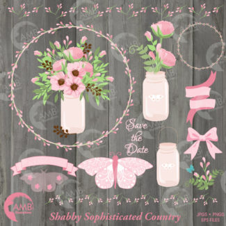 Wedding Floral clipart, Floral clipart clipart, Mason jar clipart, Shabby Chic, Country clipart, Pink Floral clipart, AMB-1080
