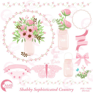 Wedding Floral clipart, Floral clipart clipart, Mason jar clipart, Shabby Chic, Country clipart, Pink Floral clipart, AMB-1080