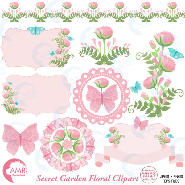 Wedding Floral clipart, Flower clipart, Banners and Flowers, Vintage Shabby Chic Clip Art, Pink Floral clipart, AMB-1062