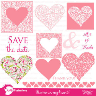 Wedding frames, wedding hearts, Floral heart frames and tags clipart, shabby chic,labels commercial use, digital clip art, AMB-1103
