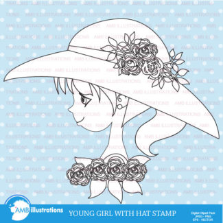 Young girl stamp pack, Young girl with hat, Floral, commercial use, coloring page, black and white line, AMB-927