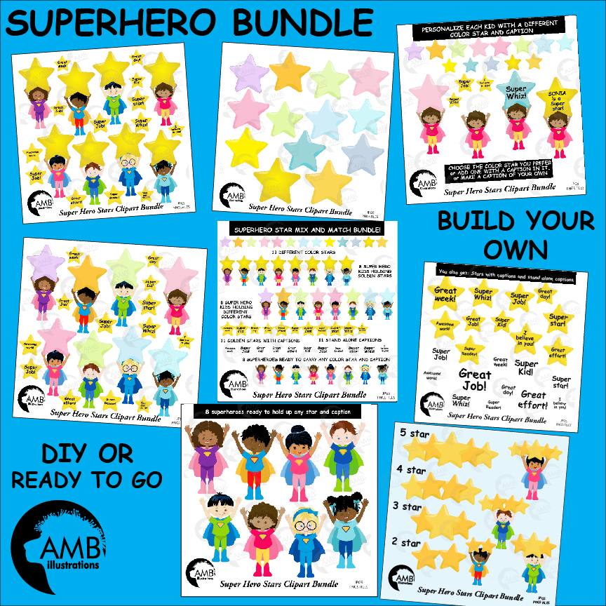 Superhero Kids Stamps Clipart, Multicultural Kids, MEGA BUNDLE AMB-2313