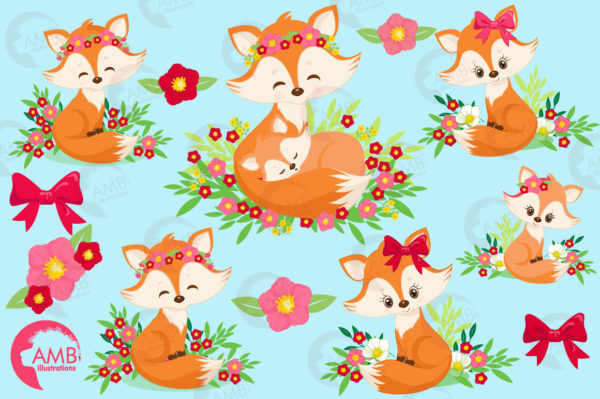 AMB 2451 MOM AND PUP FOX WITH RED FLOWERS 04