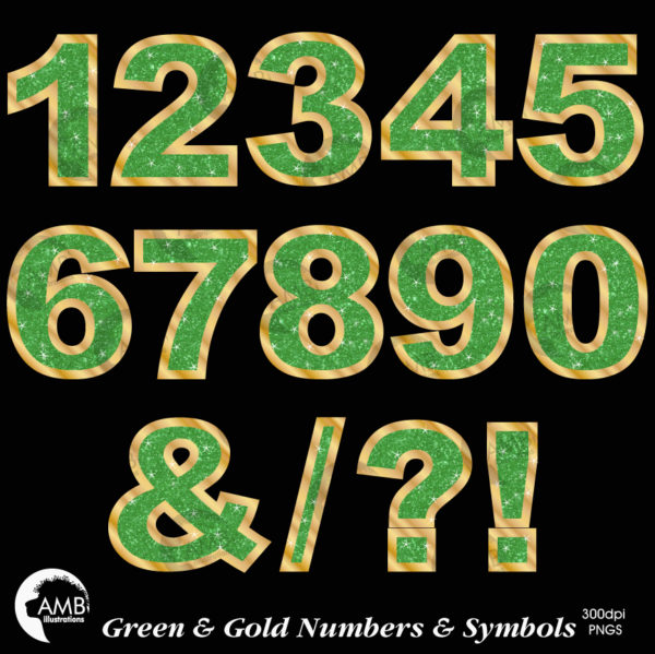 Green and Gold Glitter Numbers and Symbols
