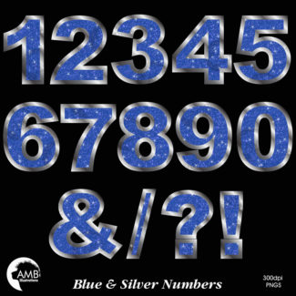 Silver and Blue Numbers and Symbols