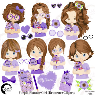 Planner Girls with Brown Hair in Purple with journals, such cute characters!