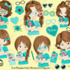 Planner Girls with Brown Hair in Teal with journals, such cute characters!