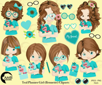 Planner Girls with Brown Hair in Teal with journals, such cute characters!