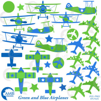 Blue and Green Airplane Clipart