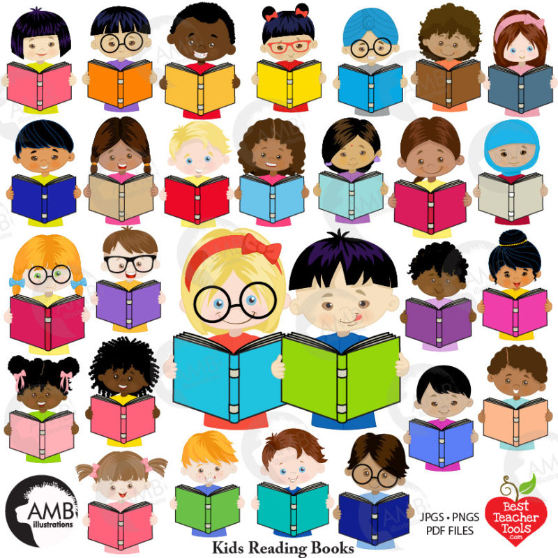 Multicultural Students Reading Books Clipart - AMBillustrations.com