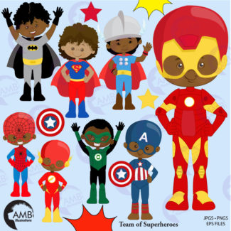 Dark Skin Superhero Kids Clipart
