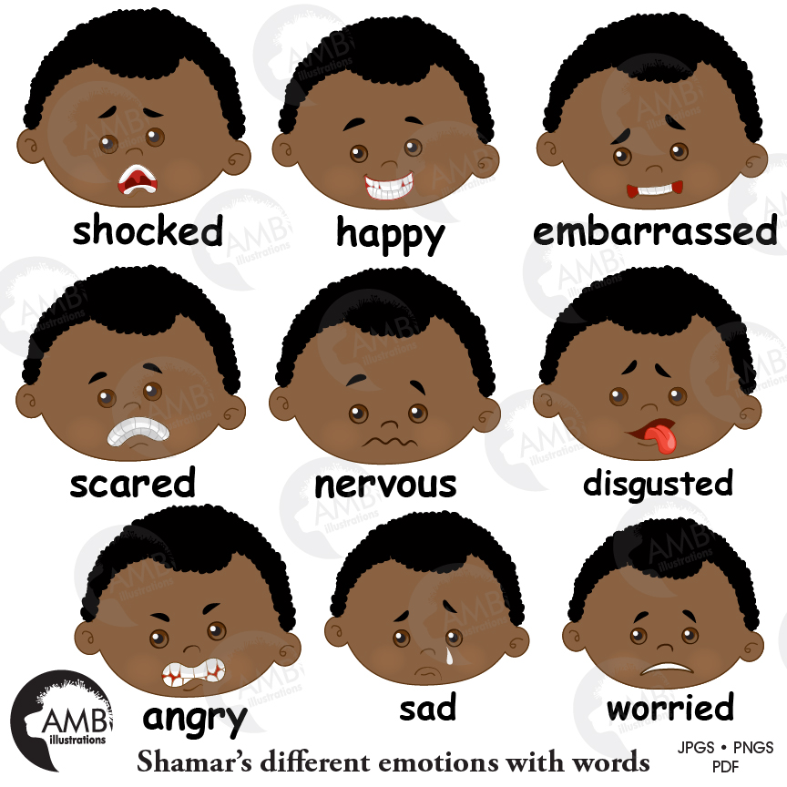 African American Boy Emoticons Clipart - AMBillustrations.com