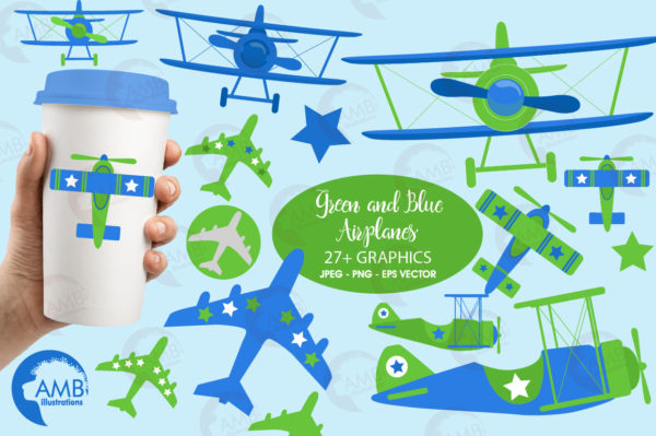 Blue and Green Airplane Clipart