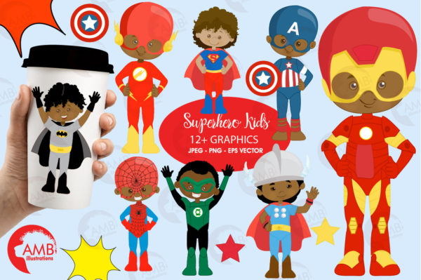 Dark Skin Superhero Kids Clipart