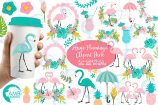 Pink Flamingos and Tropical Florals Clipart BUNDLE