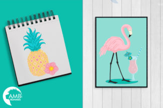 Pink Flamingos and Tropical Florals Clipart BUNDLE