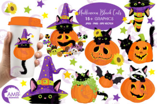 Halloween Cats in Pumpkins clipart