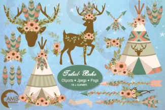 Tribal floral Boho Teepee, antlers and Bucks