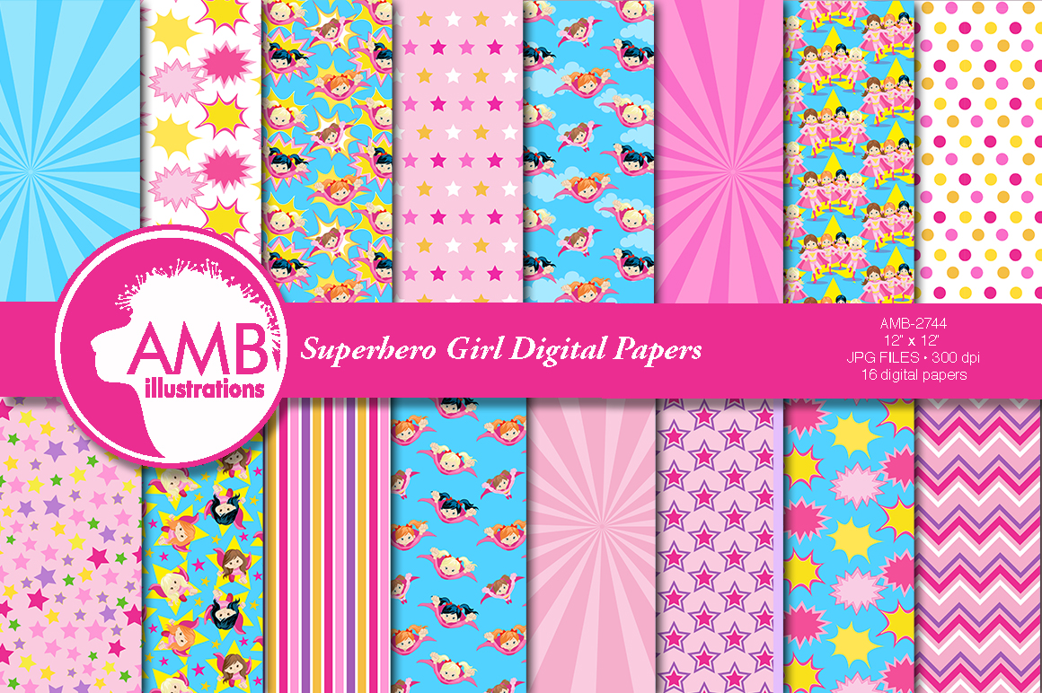 Super Girl Superhero Pastel Digital Papers
