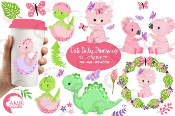 Baby girl dinosaurs clipart mega pack