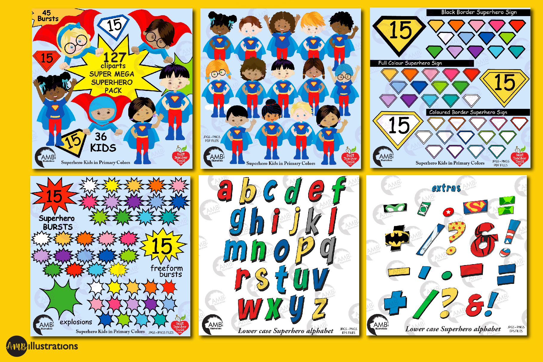 Superhero Kids Stamps Clipart, Multicultural Kids, MEGA BUNDLE AMB-2313