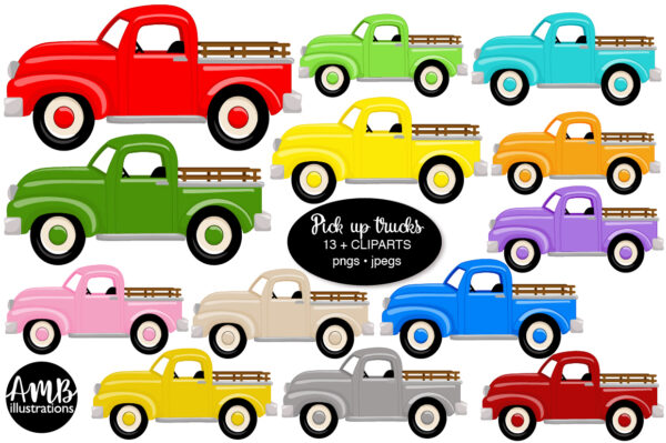 Multi-Coloured Old Pick up trucks cliparts