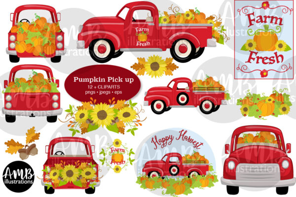 Vintage Red Pick up truck clipart