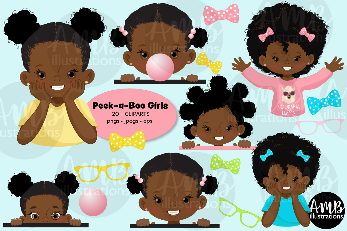 Peek-a-boo girls, dark skin toddler clipart.