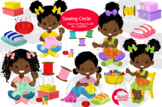 African American Sewing girls cliparts